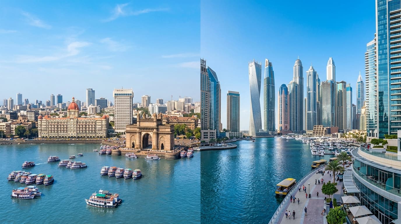 Dual-Hub Synergy: Mumbai Gateway of India and Dubai Burj Khalifa Skyline